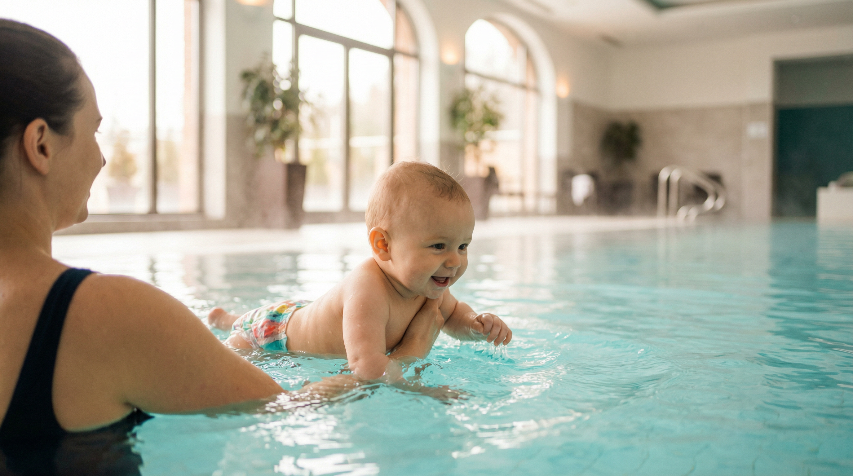 Baby swimming with parent